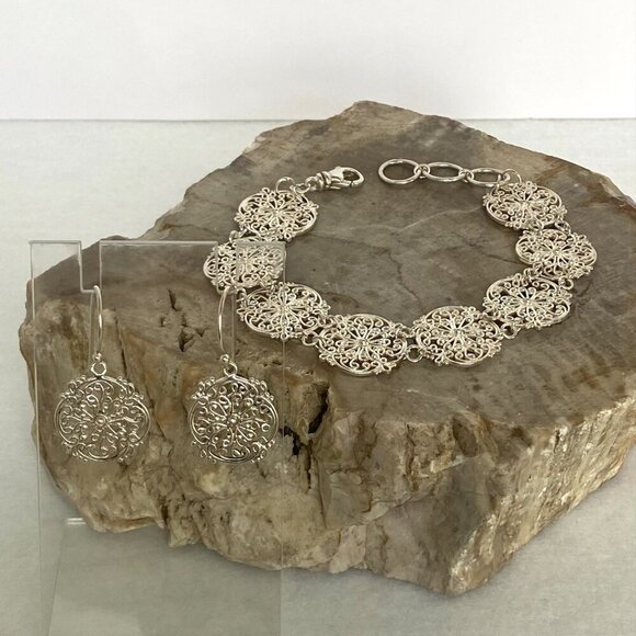 Sterling Silver 925 Round Scrollwork Filigree Link Bracelet & Dangle Earring Set - Picture 3 of 16